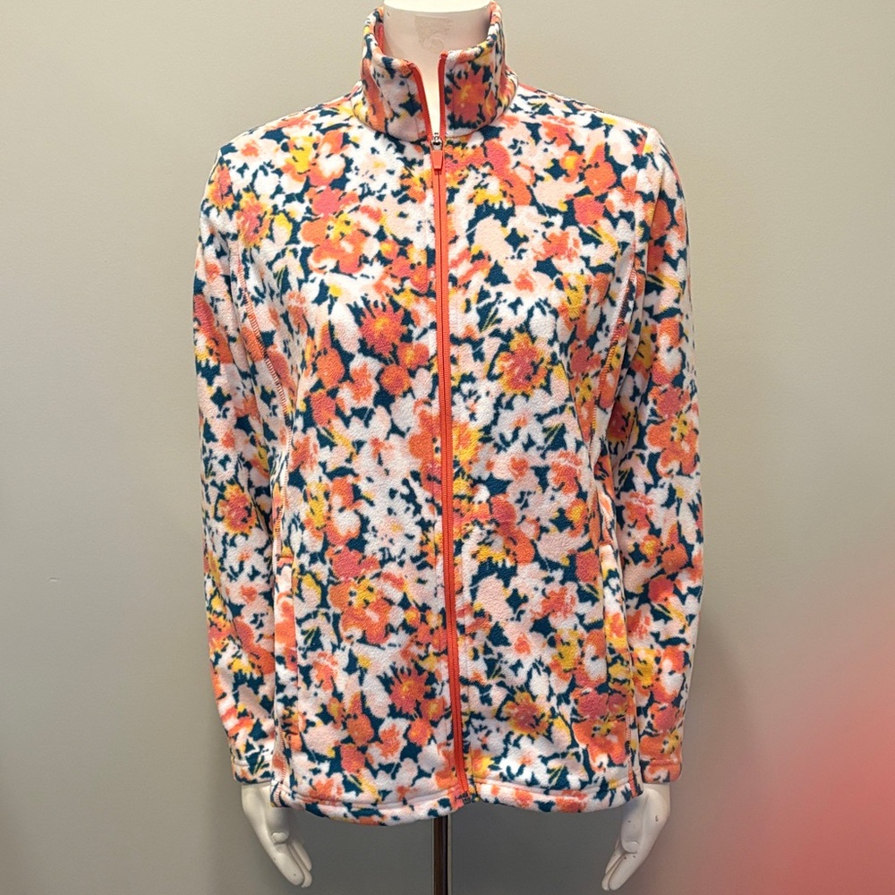 Lands End Floral Zip-Up Fleece Jacket Size L Coral White Blue